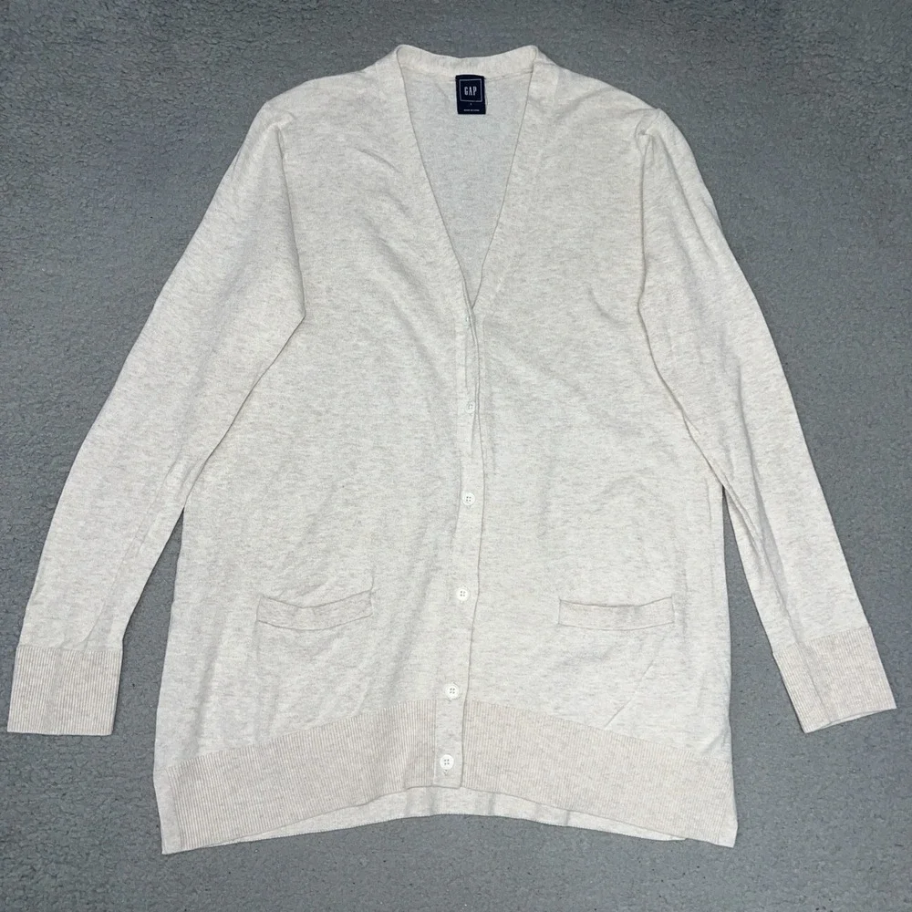 Gap Cardigan Sweater Women's Sz L Oatmeal Heather Button Front Pockets Academia